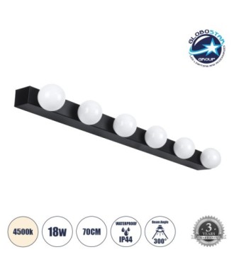 GLOBOSTAR® BELLA 60452 Μοντέρνο Φωτιστικό Τοίχου - Απλίκα Καθρέπτη Μπάνιου LED 18W 2052lm 300° AC 220-240V IP44 Φυσικό Λευκό 4500K - Bridgelux COB Chip & TÜV SÜD Driver - Μαύρο Ματ & Λευκό - Μ70 x Π11 x Υ6cm - 3 Χρόνια Εγγύηση